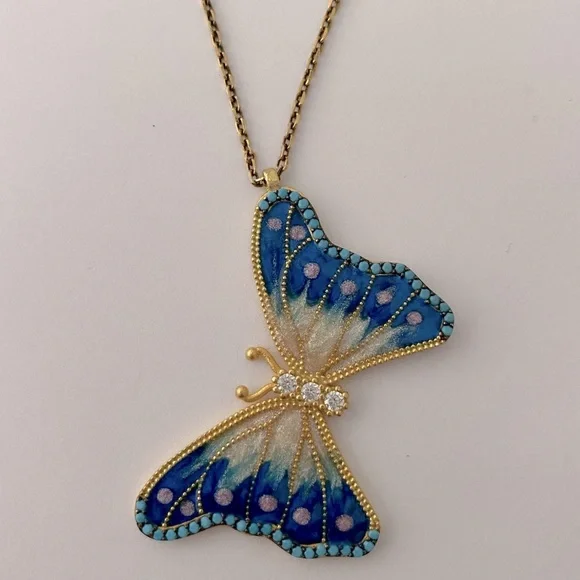 🦋925 Silver butterfly turquoise stones enamel necklace 18K yellow gold p…